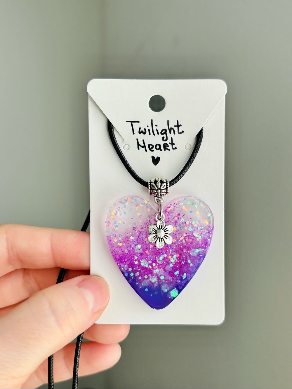 Twilight Heart Resin Necklace Handmade Purple Pink Glitter Heart Pendant